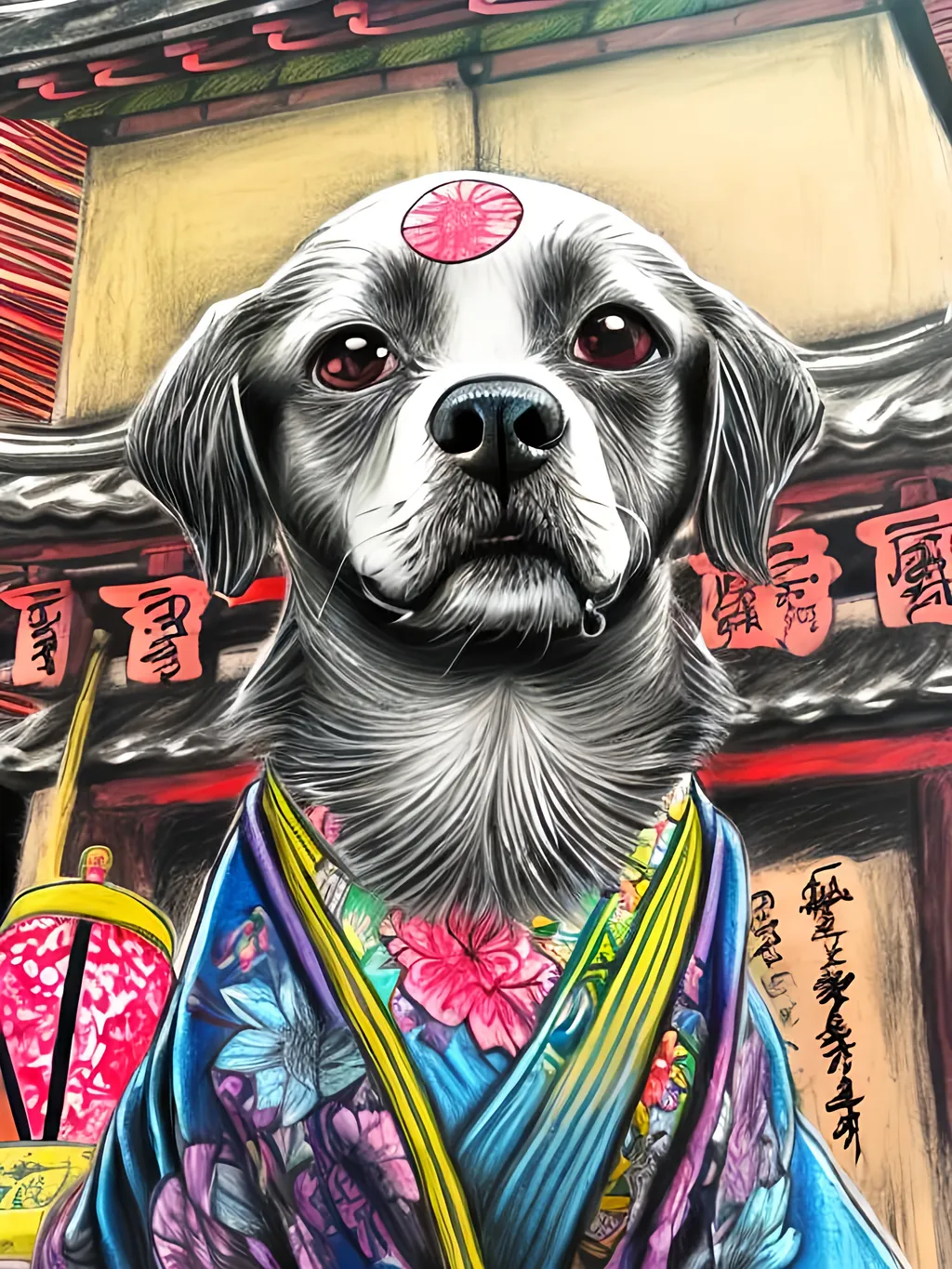 Prompt: pop art chalk pastel style of a  detailed dog in a kimono at a shrine, sketch, detailed background, highres, fun atmosphere, natural lighting,  abstract, fun