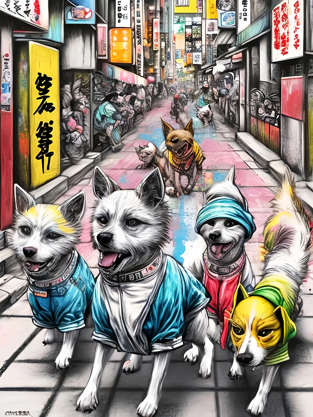 Prompt: pop art chalk pastel art of detailed dogs wearing gangster clothes playing in the streets in japan during a festival, sketch, detailed background, highres, fun atmosphere, natural lighting,  abstract, fun