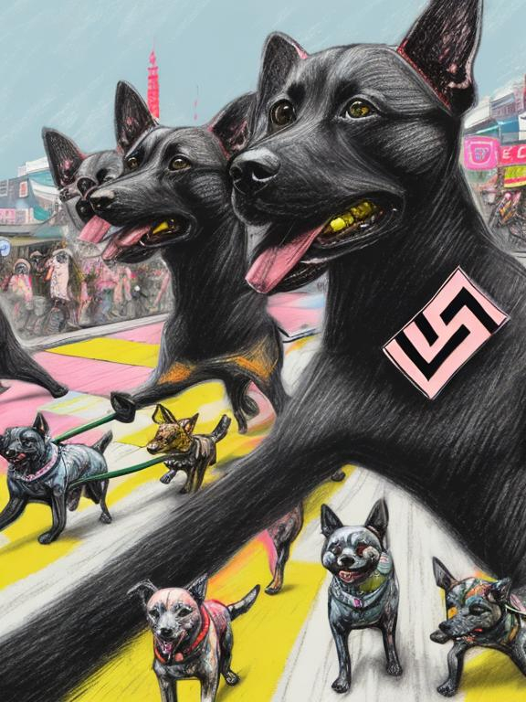 Prompt: pop art chalk pastel art of detailed dogs wearing nazi uniforms playing in the streets in japan during a festival, sketch, detailed background, highres, fun atmosphere, natural lighting,  abstract, fun