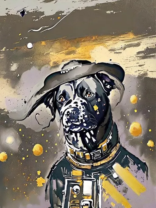 Prompt: Surrealism black dogs in cowboy outfits in space, abstract art style, cowboy hat, fun atmosphere, floating celestial bodies, mysterious nebulae, dreamlike, surreal, high contrast, otherworldly, abstract, space, astronaut, fun atmosphere, celestial bodies, dreamlike, surreal, high contrast, mysterious, nebulae, dogs, Pro trump clothing