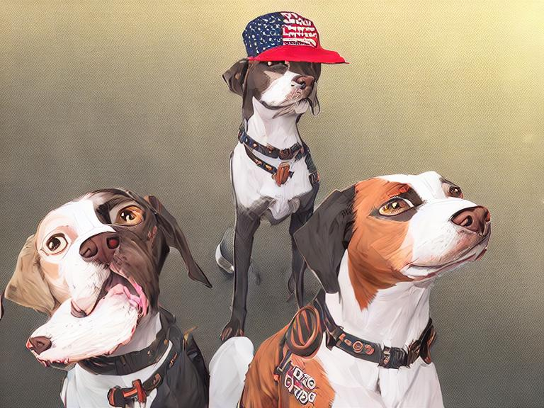 Prompt: black mountain cur dogs dressed in clothes as pro trump supporters