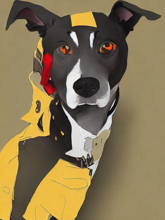 Prompt: mountain cur black dog in clothes gangster abstract art