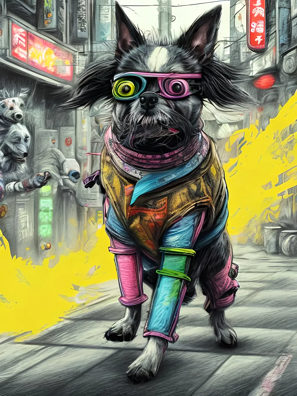 Prompt: pop art chalk pastel art of detailed dog wearing ninja clothes playing in the streets in cyberpunk japan during a festival, sketch, detailed background, highres, fun atmosphere, natural lighting,  abstract, fun