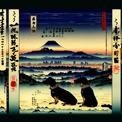 Prompt: black mountain cur dogs in cyberpunk hiroshige