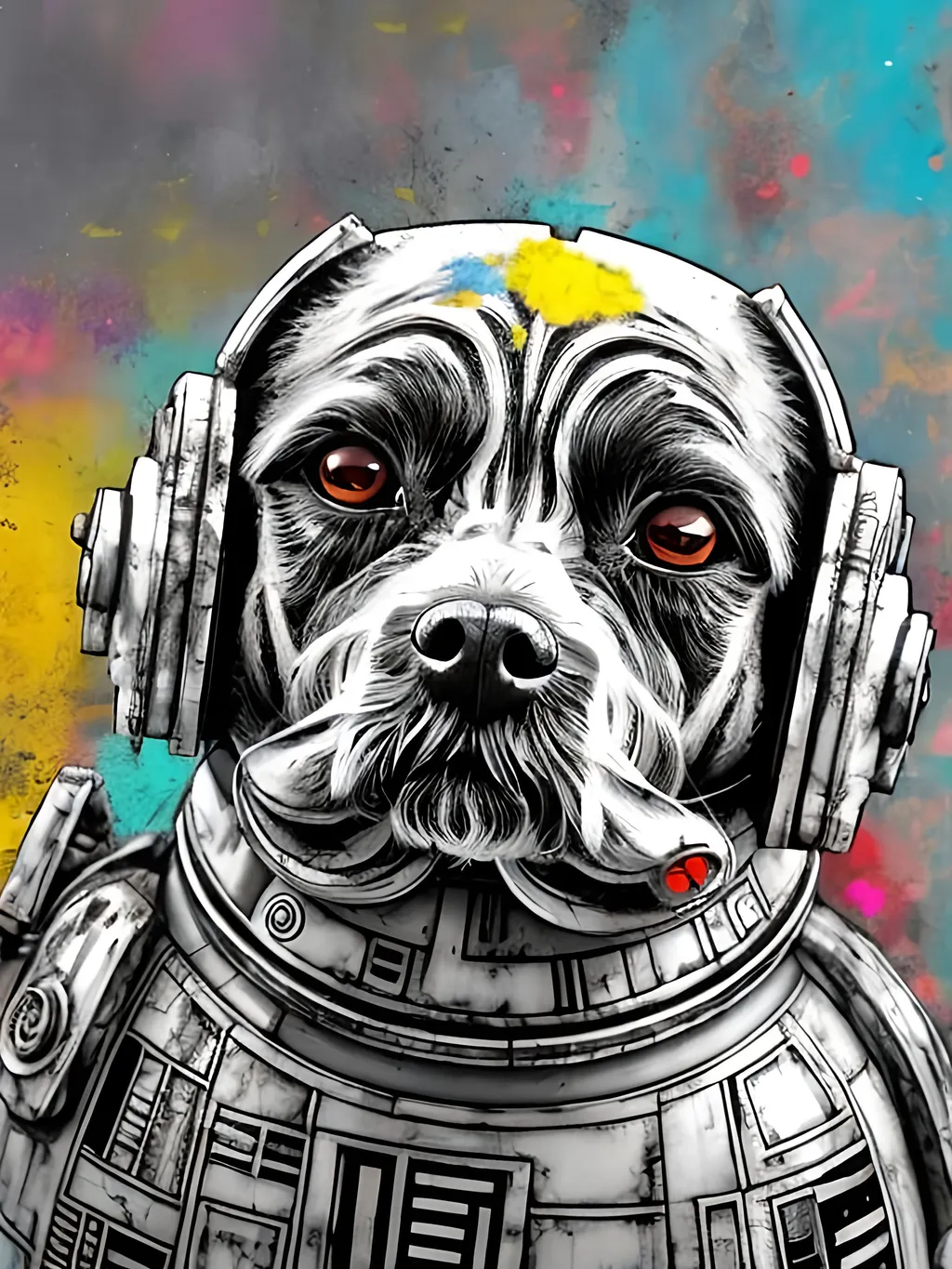 Prompt: pop art chalk pastel style art of detailed dog in star wars, sketch, detailed background, highres, fun atmosphere, natural lighting,  abstract, fun