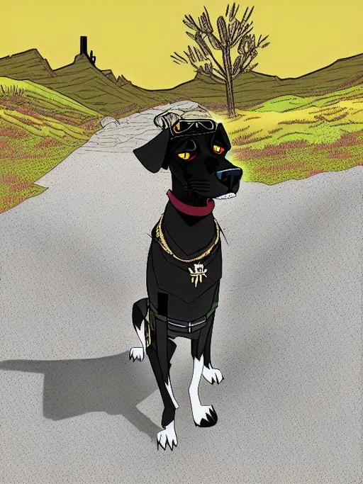 Prompt: mountain cur black dog dressed as snoop dog