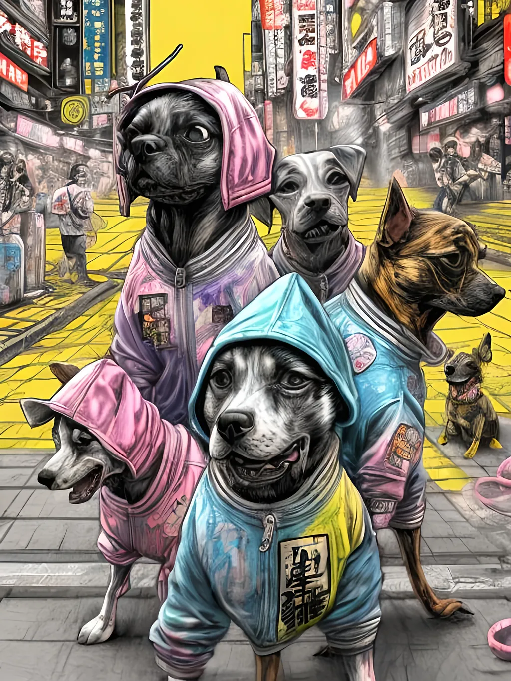 Prompt: pop art chalk pastel art of detailed dogs wearing gangster clothes playing in the streets in cyberpunk japan during a festival, sketch, detailed background, highres, fun atmosphere, natural lighting,  abstract, fun