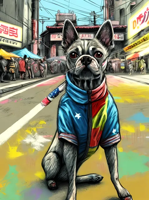 Prompt: pop art chalk pastel art of detailed dog wearing usa clothes playing in the streets in dystopian japan during a festival, sketch, detailed background, highres, fun atmosphere, natural lighting,  abstract, fun