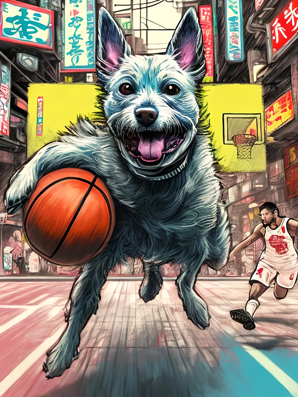 Prompt: pop art chalk pastel art of detailed dog playing basket ball game in cyberpunk japan, sketch, detailed background, highres, fun atmosphere, natural lighting,  abstract, fun