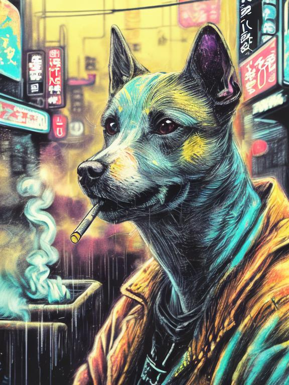 Prompt: pop art chalk pastel art of detailed dog smoking in the streets in cyberpunk japan during a festival, sketch, detailed background, highres, fun atmosphere, natural lighting,  abstract, fun