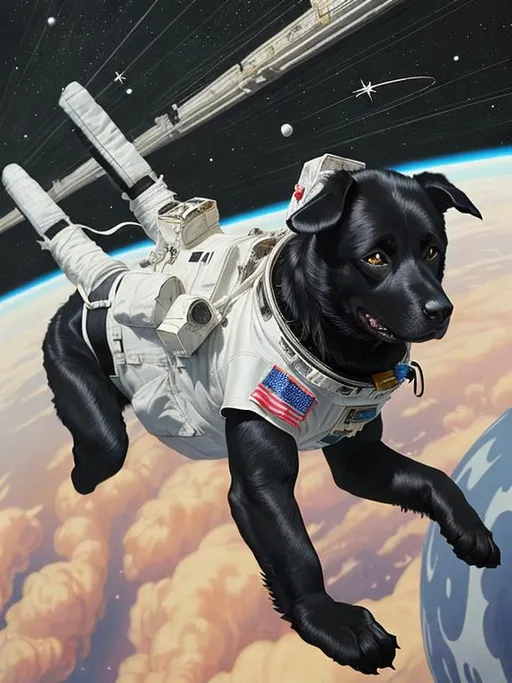 Prompt: abstract style art of black dogs in space in astronaut outfits