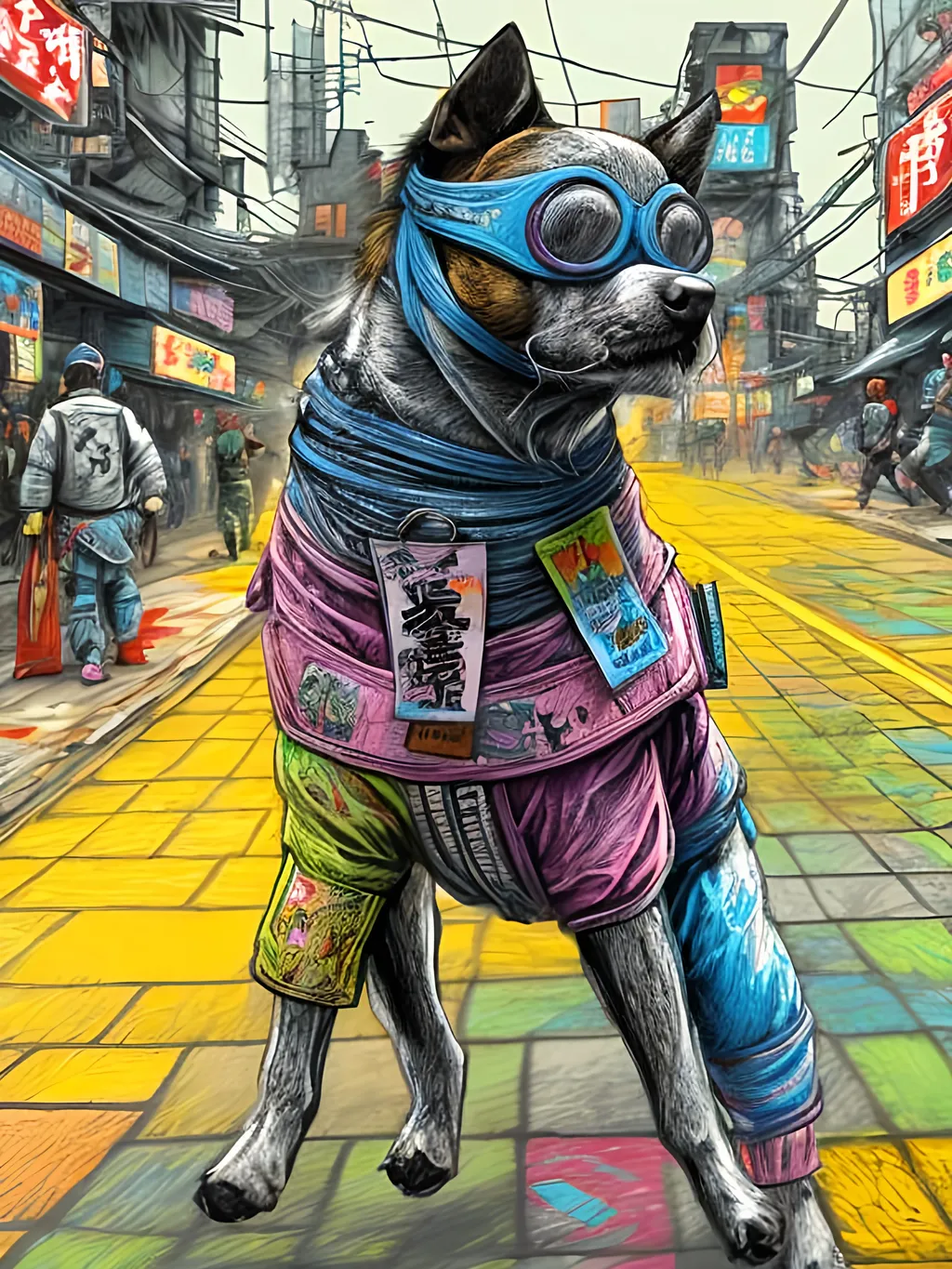 Prompt: pop art chalk pastel art of detailed dog wearing ninja clothes playing in the streets in cyberpunk japan during a festival, sketch, detailed background, highres, fun atmosphere, natural lighting,  abstract, fun