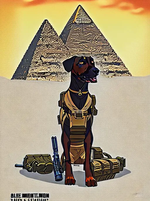 Prompt: black mountain cur dog in military gear in egypt 90s poster