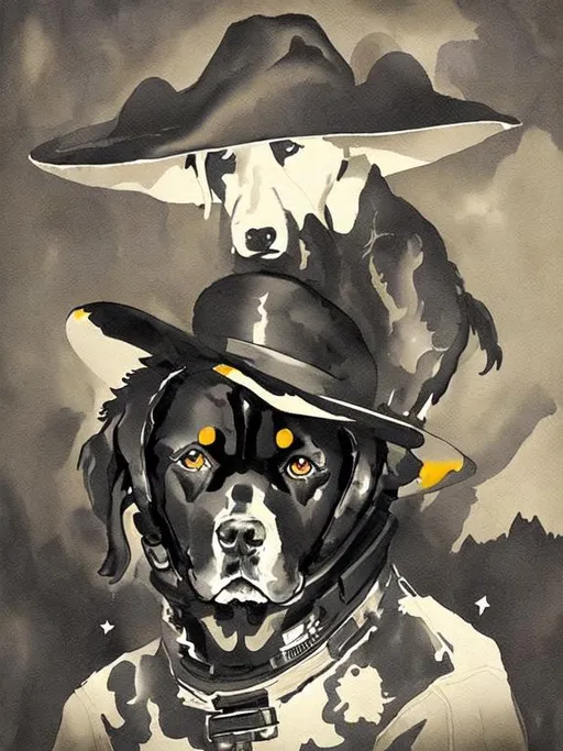 Prompt: Surrealism black dogs in cowboy outfits in space, abstract art style, cowboy hat, eerie atmosphere, floating celestial bodies, mysterious nebulae, dreamlike, surreal, high contrast, otherworldly, abstract, space, astronaut, fun atmosphere, celestial bodies, dreamlike, surreal, high contrast, mysterious, nebulae, dogs