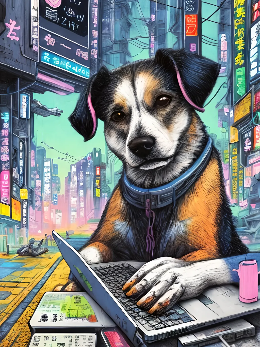 Prompt: pop art chalk pastel art of a detailed dog hacking a computer on the streets in cyberpunk japan with planes in the background, sketch, detailed background, highres, fun atmosphere, natural lighting,  abstract, fun