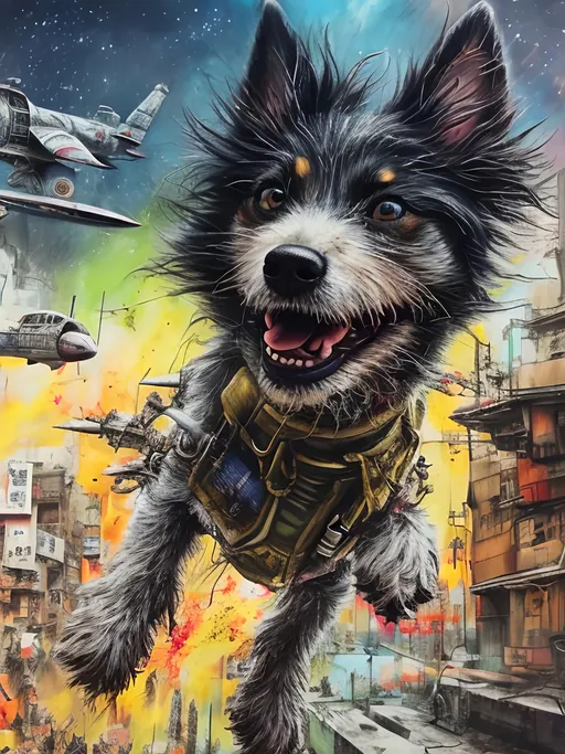 Prompt: Detailed happy dog flying, post-apocalyptic Japan festival, sketch, chalk pastel, detailed planes, grunge, highres, abstract, natural lighting, lively atmosphere, fun, vibrant, happy-go-lucky, detailed dogs, detailed eyes, detailed fur, festive, flying, post-apocalyptic, Japan, sketch art, chalk pastel, detailed background, grunge style, abstract art, high quality, natural lighting