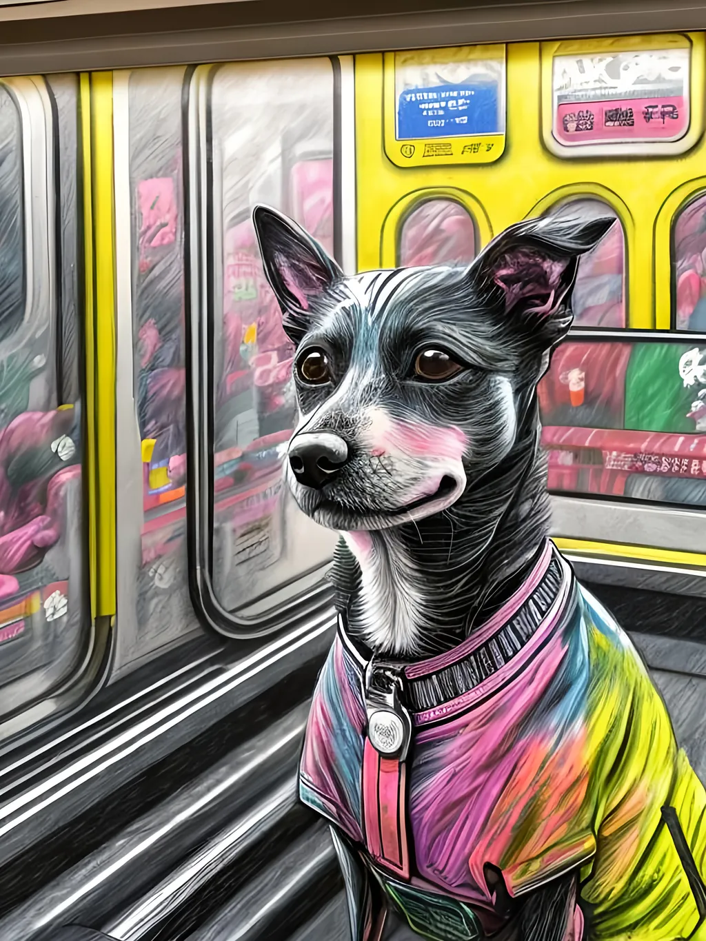 Prompt: pop art chalk pastel art of detailed dog on a train in cyberpunk japan during a festival, sketch, detailed background, highres, fun atmosphere, natural lighting,  abstract, fun