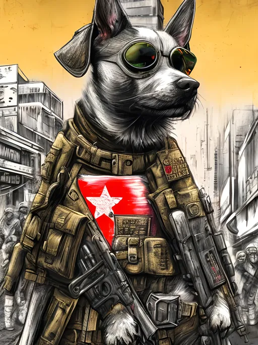 Prompt: pop art chalk pastel art of detailed dog wearing military uniforms<mymodel> playing in the streets in cyberpunk japan during a festival, sketch, detailed background, highres, fun atmosphere, natural lighting,  abstract, fun