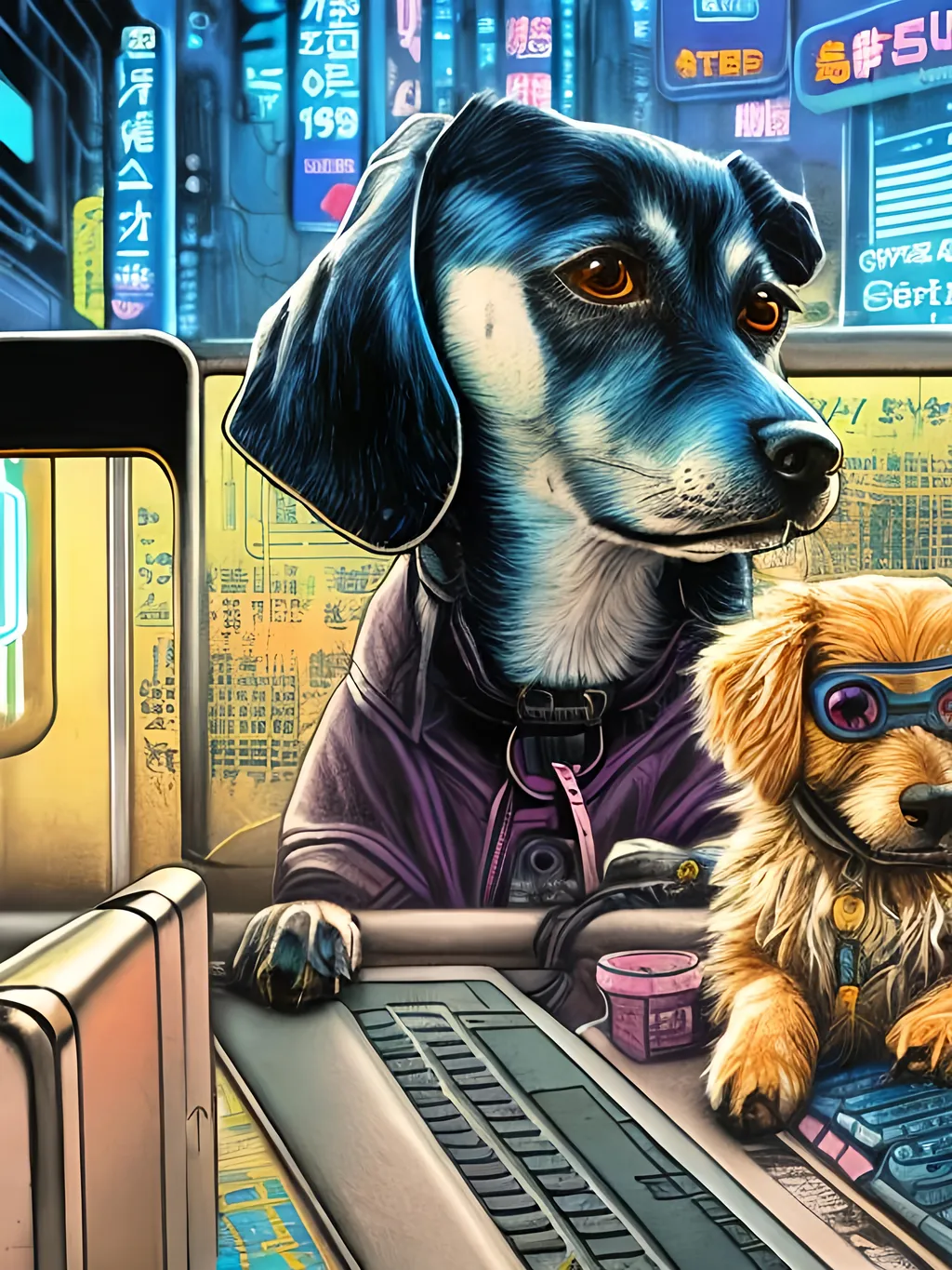 Prompt: pop art chalk pastel art of a detailed dog hacking a computer on the subway train in cyberpunk japan with planes in the background, sketch, detailed background, highres, fun atmosphere, natural lighting,  abstract, fun