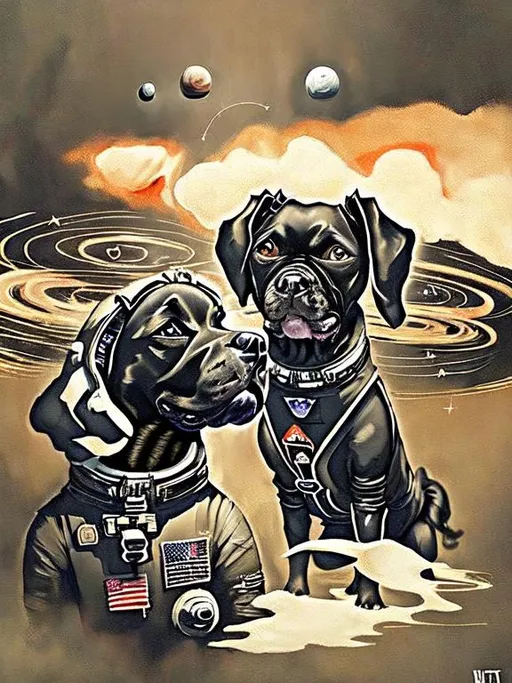 Prompt: Surrealism black dogs in trump outfits in space, abstract art style, cowboy hat, fun atmosphere, floating celestial bodies, mysterious nebulae, dreamlike, surreal, high contrast, otherworldly, abstract, space, astronaut, fun atmosphere, celestial bodies, dreamlike, surreal, high contrast, mysterious, nebulae, dogs, usa