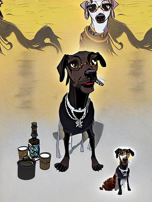 Prompt: mountain cur black dog dressed as snoop dog