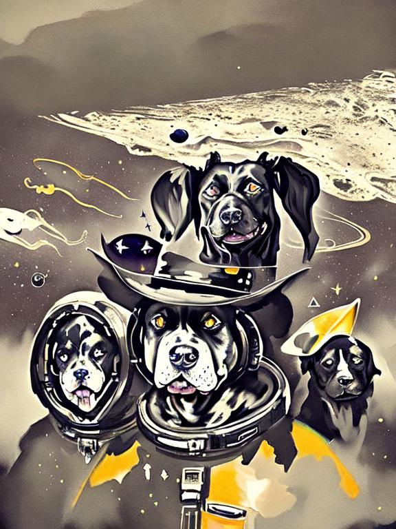 Prompt: Surrealism black dogs in cowboy outfits in space, abstract art style, cowboy hat, fun atmosphere, floating celestial bodies, mysterious nebulae, dreamlike, surreal, high contrast, otherworldly, abstract, space, astronaut, fun atmosphere, celestial bodies, dreamlike, surreal, high contrast, mysterious, nebulae, dogs, Pro trump clothing