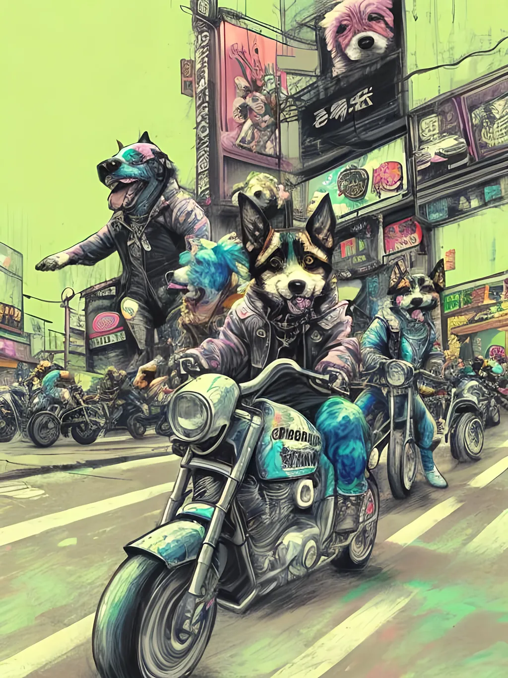 Prompt: pop art chalk pastel art of detailed dogs wearing biker gang clothes playing in the streets in cyberpunk japan during a festival, sketch, detailed background, highres, fun atmosphere, natural lighting,  abstract, fun