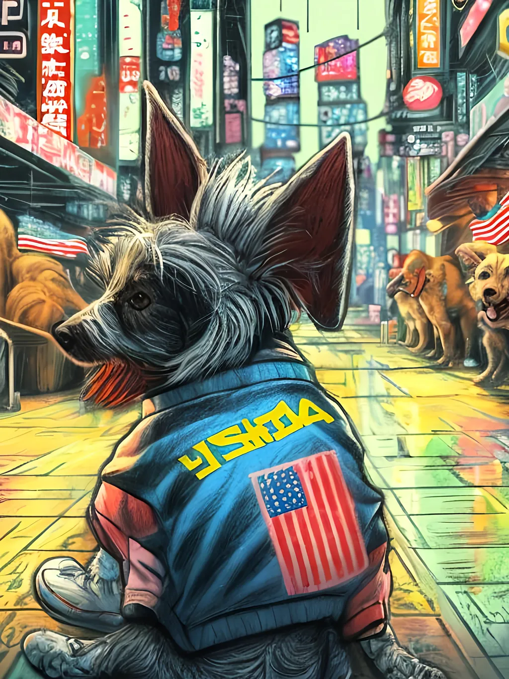 Prompt: pop art chalk pastel art of detailed dog wearing USA clothes playing in the streets in cyberpunk japan during a festival, sketch, detailed background, highres, fun atmosphere, natural lighting,  abstract, fun