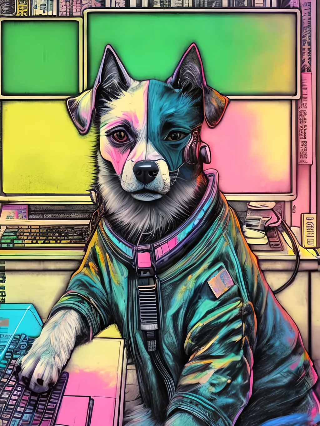 Prompt: pop art chalk pastel art of detailed dog hacking computers in cyberpunk japan, sketch, detailed background, highres, fun atmosphere, natural lighting,  abstract, fun