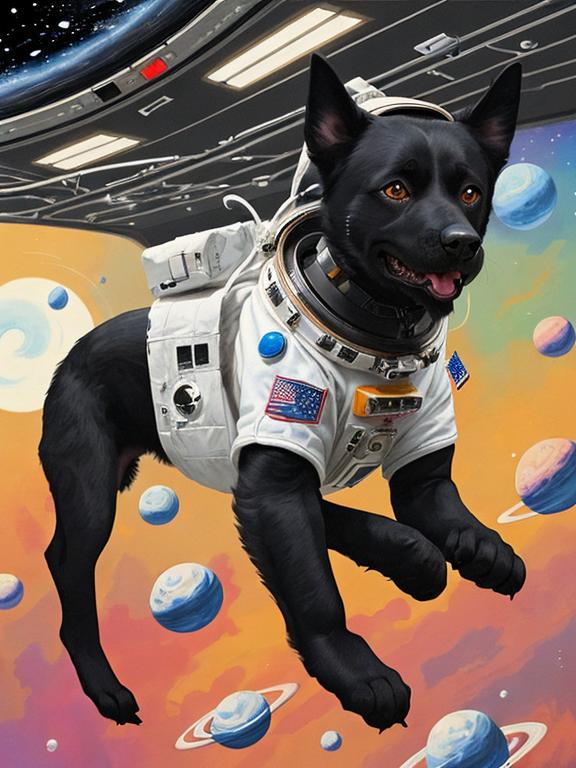 Prompt: abstract style art of black dogs in space in astronaut outfits