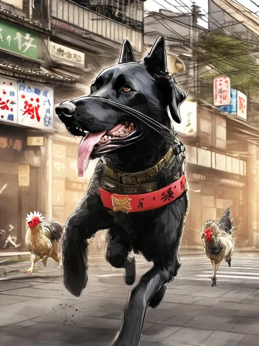 Prompt: a black dog wearing a soldier uniform chasing a chicken in the streets in japan, sketch, detailed background, highres, fun atmosphere, natural lighting, pastel colors, abstract, fun