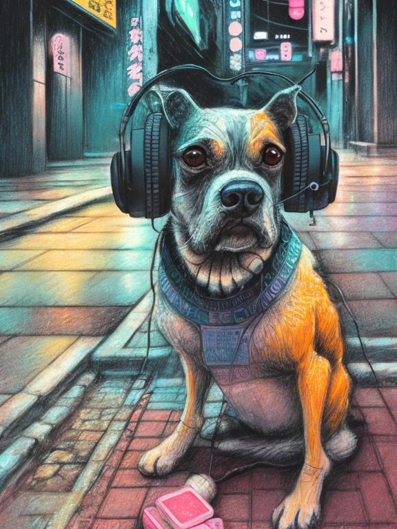 Prompt: chalk pastel art of a detailed dog listening to music on the streets in cyberpunk japan during a festival, sketch, detailed background, highres, fun atmosphere, natural lighting,  abstract, fun