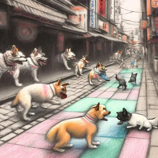 Prompt: etchy chalk pastel art of dogs playing in the streets in japan, sketch, detailed background, highres, fun atmosphere, natural lighting, pastel colors, abstract, fun