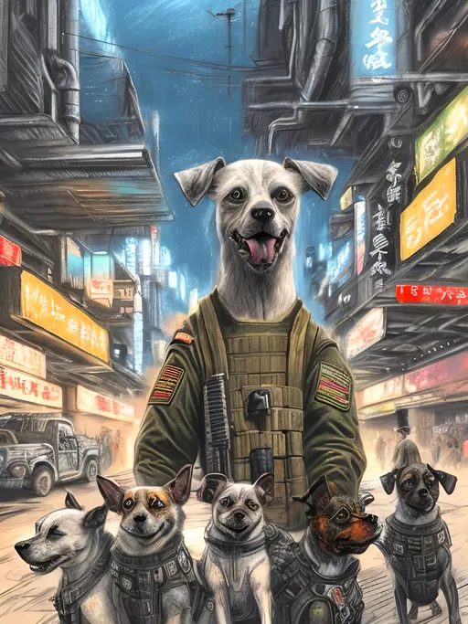 Prompt: chalk pastel art of a detailed dogs wearing military uniforms on the streets in cyberpunk japan during a festival with planes in the background, sketch, detailed background, highres, fun atmosphere, natural lighting,  abstract, fun