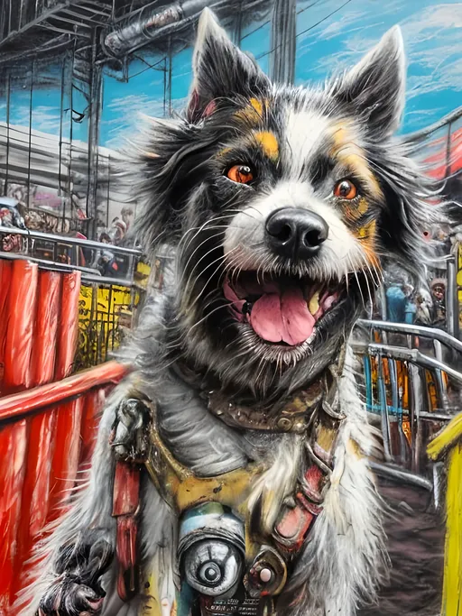 Prompt: Detailed happy dog at a circus, post-apocalyptic Japan festival, sketch, chalk pastel, detailed planes, grunge, highres, abstract, natural lighting, lively atmosphere, fun, vibrant, happy-go-lucky, detailed dogs, detailed eyes, detailed fur, festive, flying, post-apocalyptic, Japan, chalk pastel, detailed background, grunge style, abstract art, high quality, natural lighting