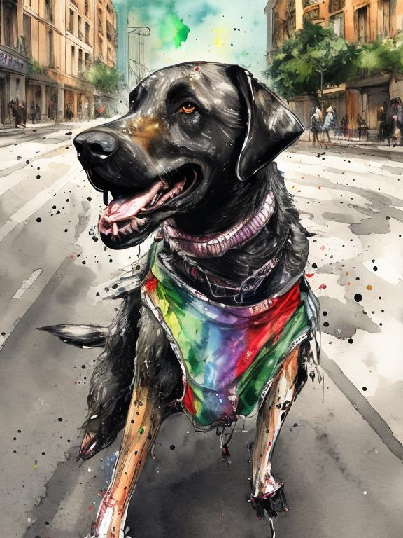 Prompt: a black dog wearing clothes having fun in the streets, water color, sketch, detailed background, highres