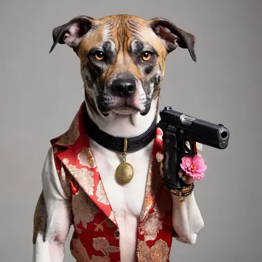 Prompt: black mountain cur dog dressed as yakuza holding a gun