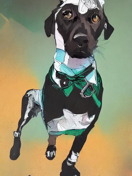 Prompt: mountain cur black dog in clothes gangster abstract art