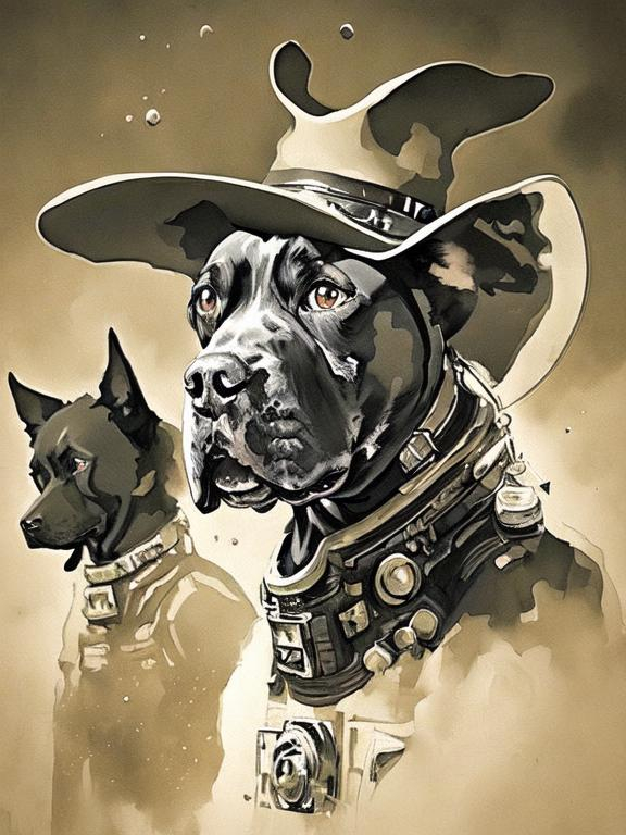 Prompt: Surrealism black dogs in cowboy outfits in space, abstract art style, cowboy hat, eerie atmosphere, floating celestial bodies, mysterious nebulae, dreamlike, surreal, high contrast, otherworldly, abstract, space, astronaut, fun atmosphere, celestial bodies, dreamlike, surreal, high contrast, mysterious, nebulae, dogs