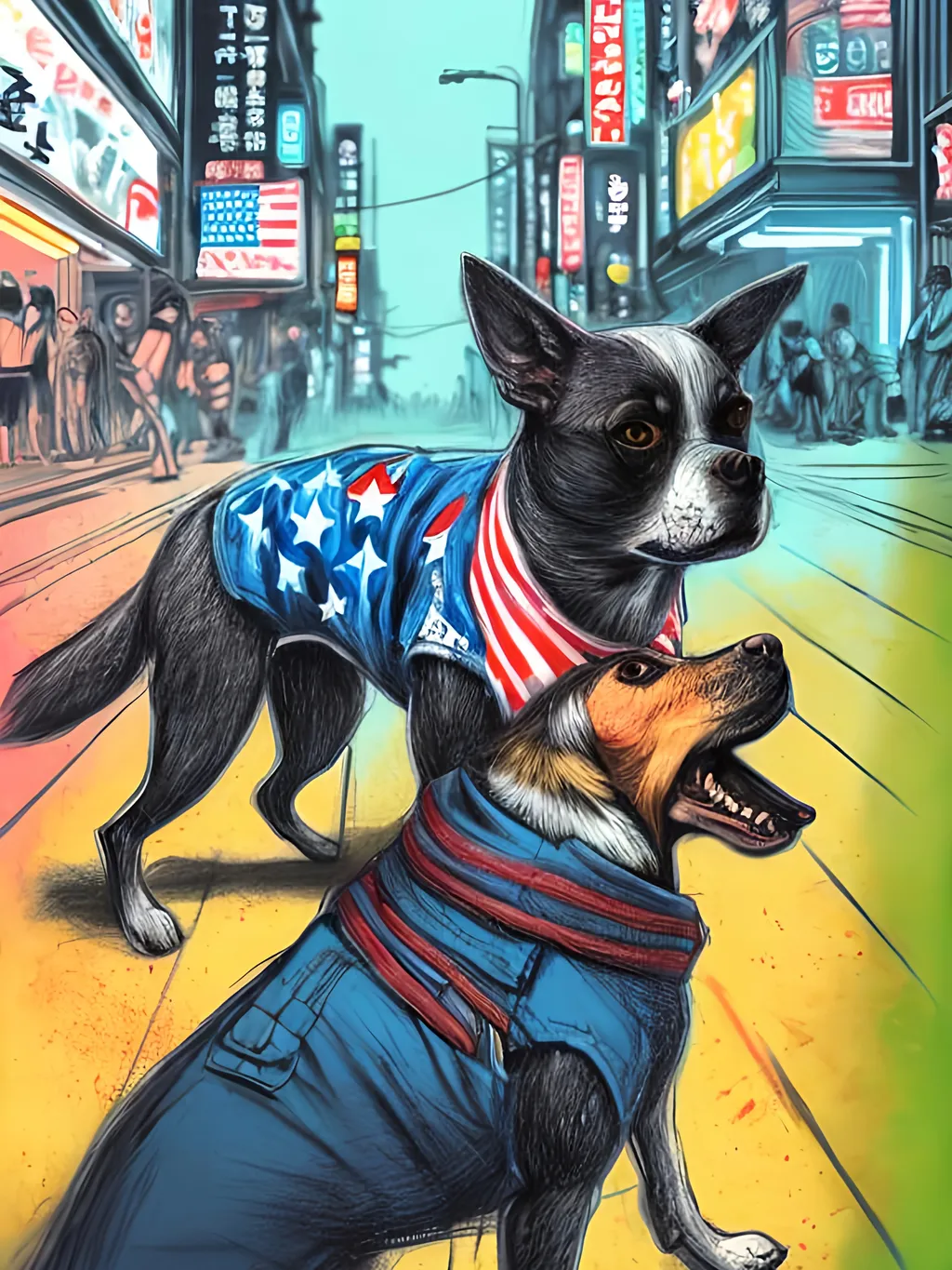 Prompt: pop art chalk pastel art of detailed dog wearing USA clothes playing in the streets in cyberpunk japan during a festival, sketch, detailed background, highres, fun atmosphere, natural lighting,  abstract, fun