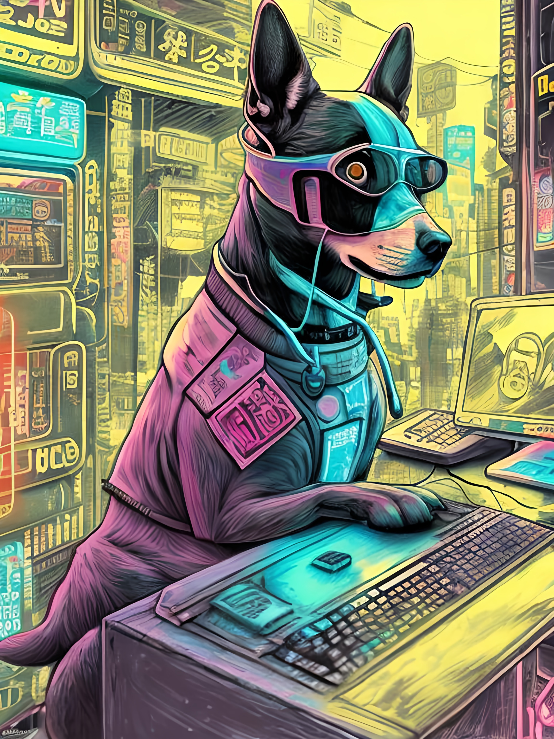 pop art chalk pastel art of detailed dog hacking com...