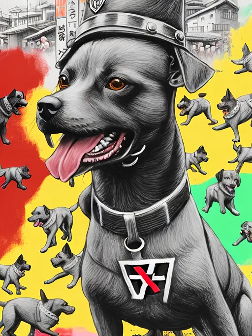 Prompt: pop art chalk pastel art of detailed dogs wearing nazi uniforms playing in the streets in japan during a festival, sketch, detailed background, highres, fun atmosphere, natural lighting,  abstract, fun