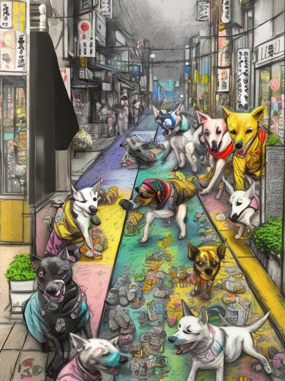 Prompt: pop art chalk pastel art of detailed dogs wearing clothes playing in the streets in japan during a festival, sketch, detailed background, highres, fun atmosphere, natural lighting,  abstract, fun