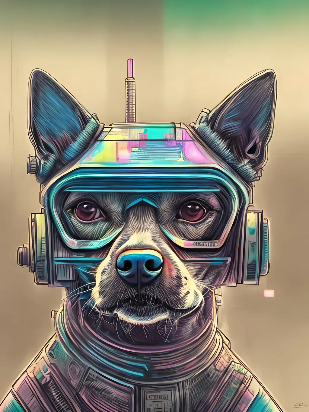 Prompt: pop art chalk pastel style of a  detailed dog in a cyberpunk spaceship, sketch, detailed background, highres, fun atmosphere, natural lighting,  abstract, fun