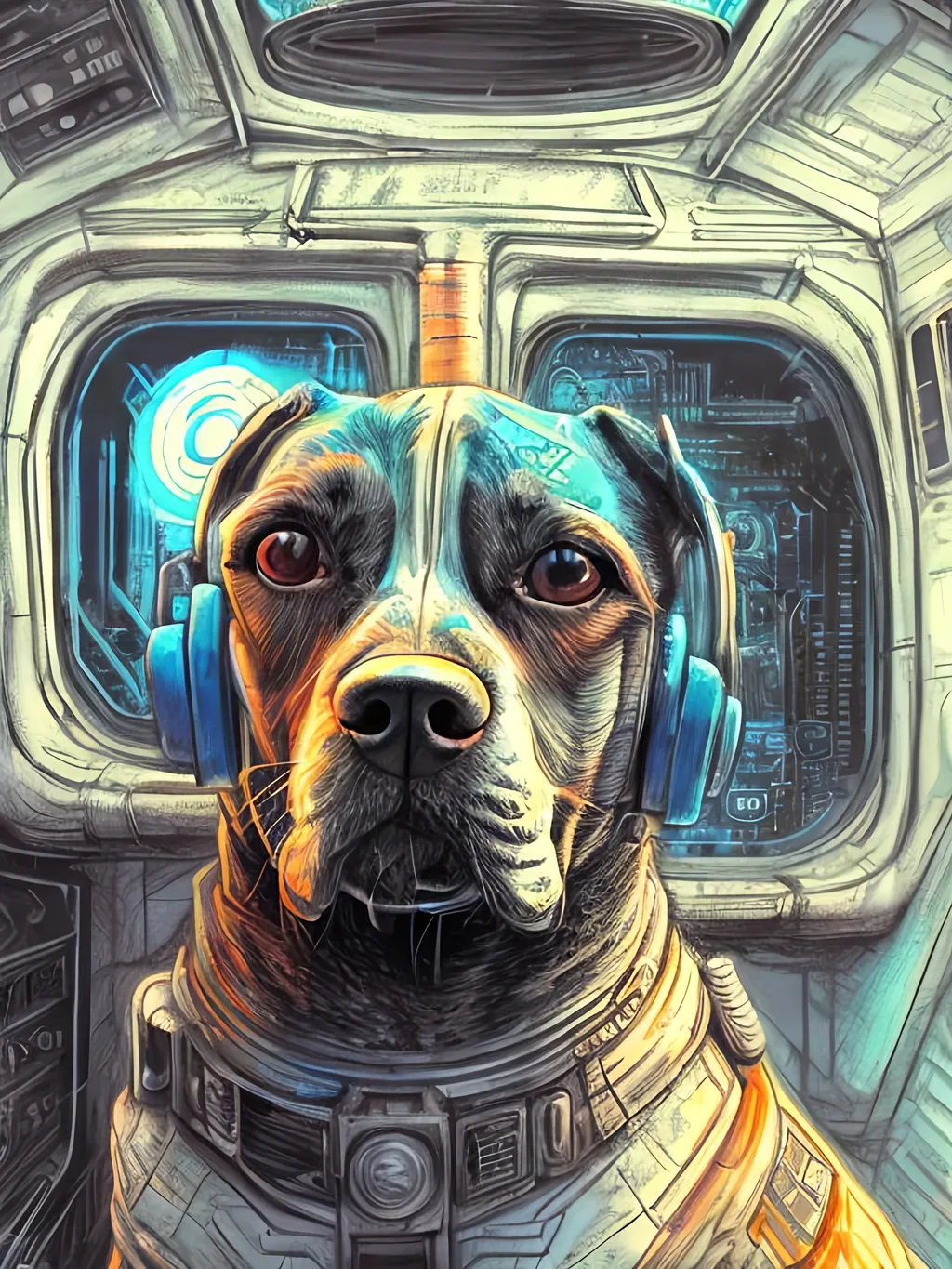 Prompt: chalk pastel style of a  detailed dog in a cyberpunk spaceship, sketch, detailed background, highres, fun atmosphere, natural lighting,  abstract, fun