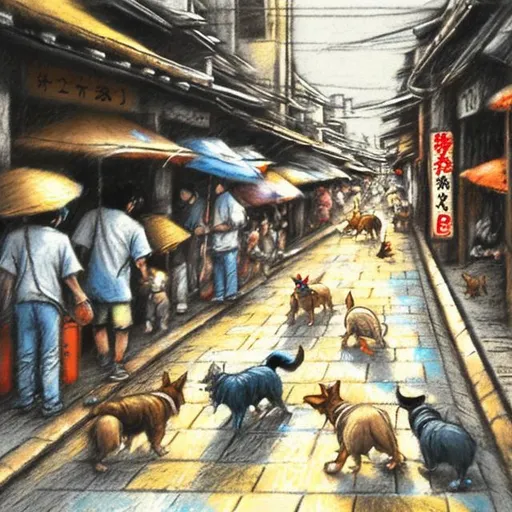 Prompt: etchy chalk pastel art of dogs playing in the streets in japan during a festival, sketch, detailed background, highres, fun atmosphere, natural lighting, pastel colors, abstract, fun