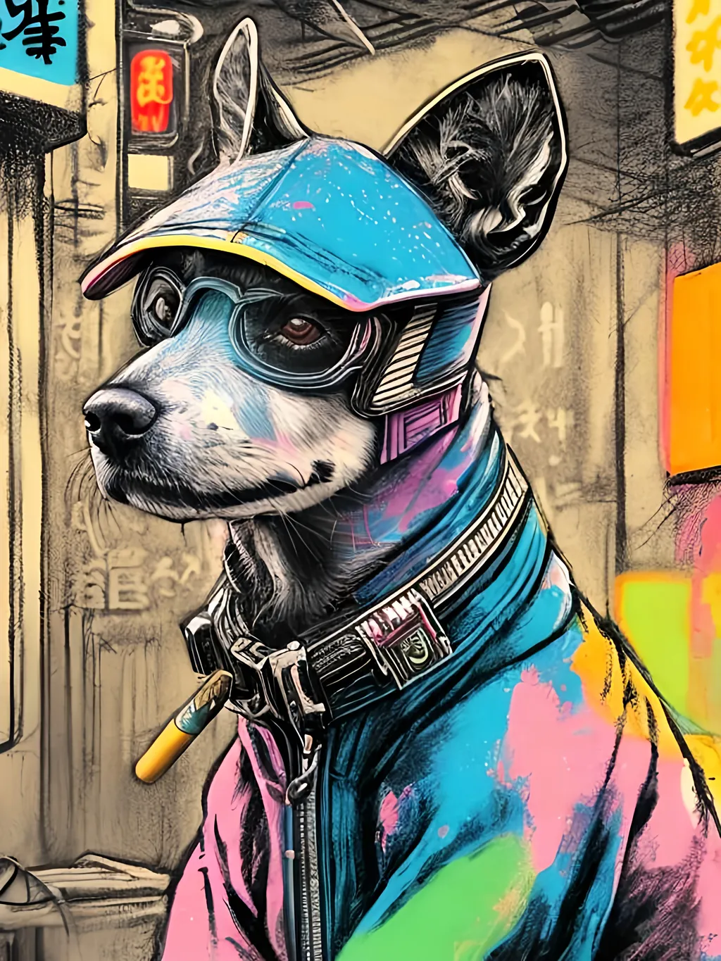 Prompt: pop art chalk pastel art of detailed dog smoking in cyberpunk japan during a festival, sketch, detailed background, highres, fun atmosphere, natural lighting,  abstract, fun