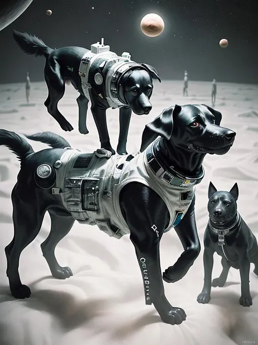 Prompt: Surrealism black dogs in astronaut outfits in space, abstract art style, eerie atmosphere, floating celestial bodies, mysterious nebulae, dreamlike, surreal, high contrast, otherworldly, abstract, space, astronaut, eerie atmosphere, celestial bodies, dreamlike, surreal, high contrast, mysterious, nebulae, dogs