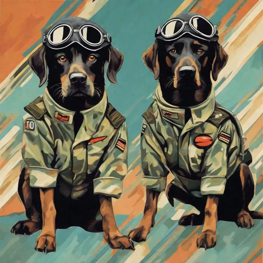 Prompt: mountain cur black dogs in pilot uniform abstract art 90s poster