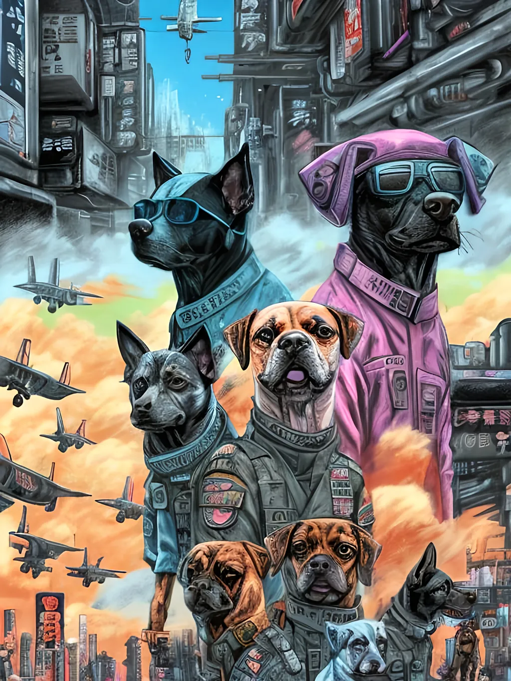 Prompt: pop art chalk pastel art of a detailed dogs wearing military uniforms on the streets in cyberpunk japan during a festival with planes in the background, sketch, detailed background, highres, fun atmosphere, natural lighting,  abstract, fun